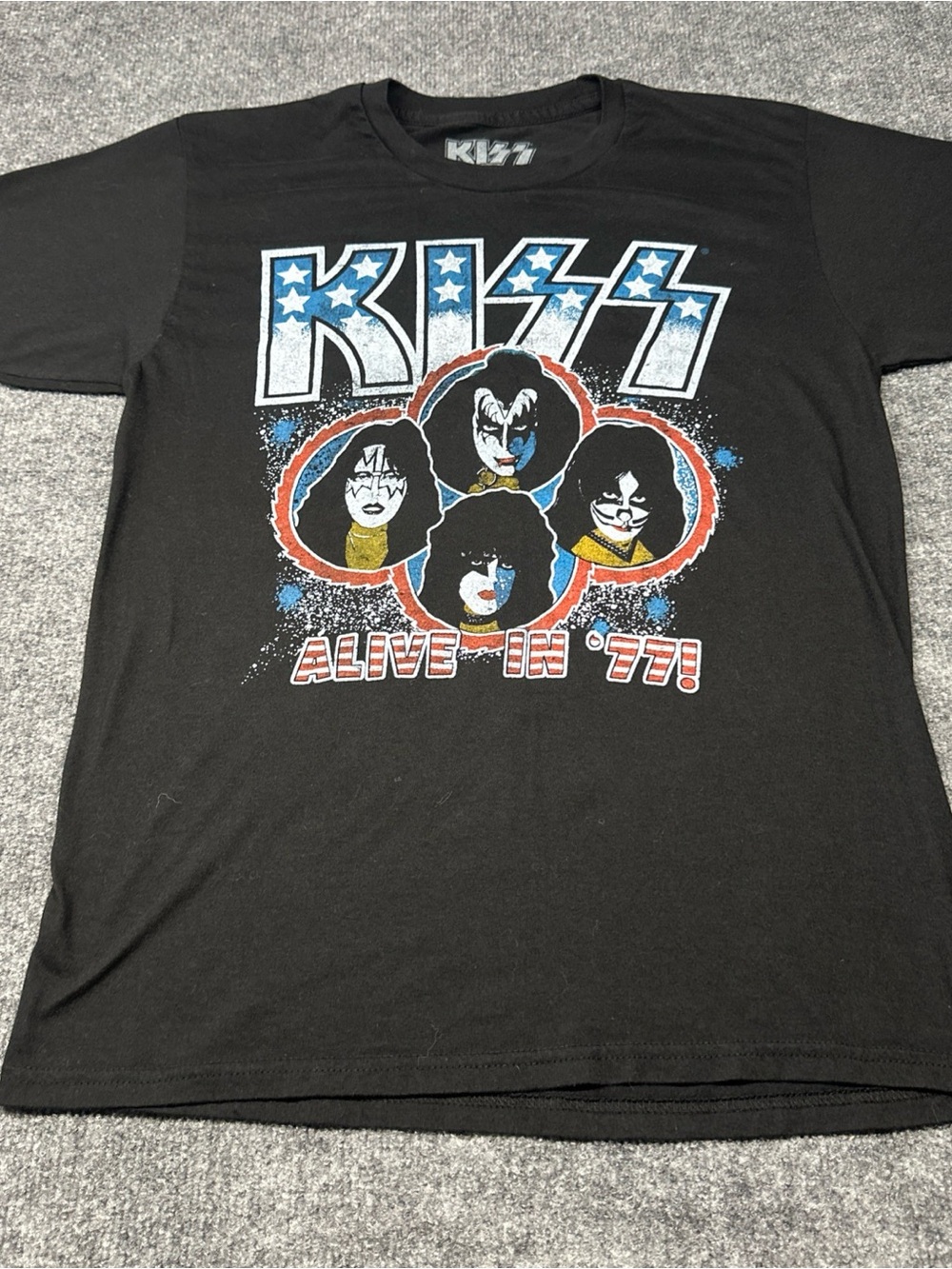 Kiss Black Band Tee with Red & Blue Graphic
